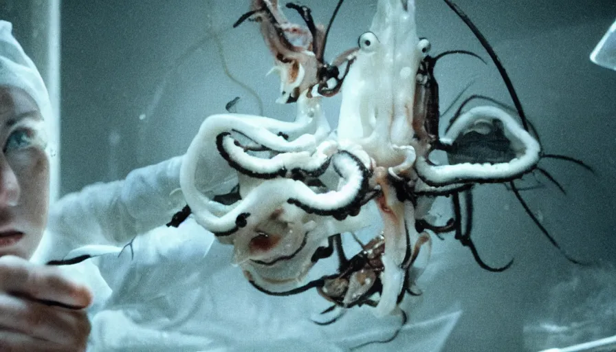 Prompt: Big budget horror movie, a scientist with a squid examines that squid under the microscope