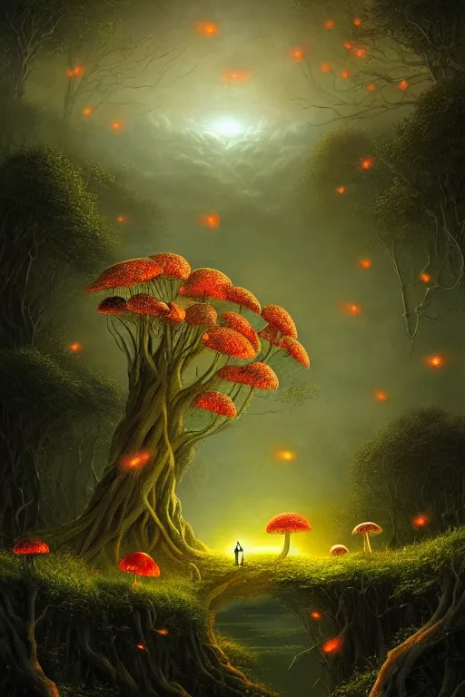 Image similar to a beautiful digital illustration painting of a detailed foreboding skies fantasy fireflies and roots, dark mushroom, flowers by benoit b. mandelbrot, steven belledin, martin johnson heade, lee madgwick, caspar david friedrich, and david rios ferreira. 8 k resolution trending on artstation concept art digital illustration