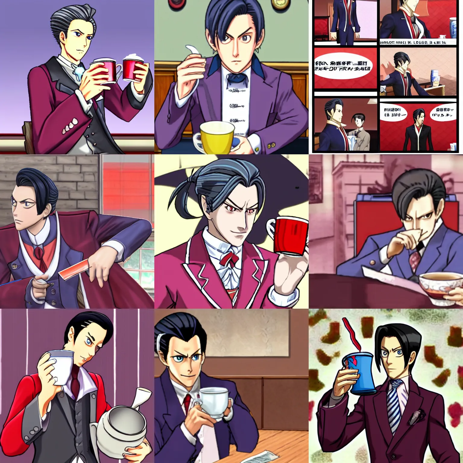 Prompt: miles edgeworth drinks tea, ace attorney style