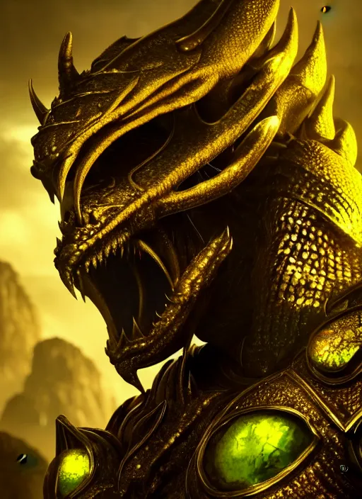 Prompt: portrait of a dragonborn hero, golden scales and green eyes, perfect facial symmetry + dim volumetric lighting, 8k octane beautifully detailed render, post-processing, extremely hyperdetailed, intricate, epic composition, grim yet sparkling atmosphere, cinematic lighting + masterpiece, trending on artstation