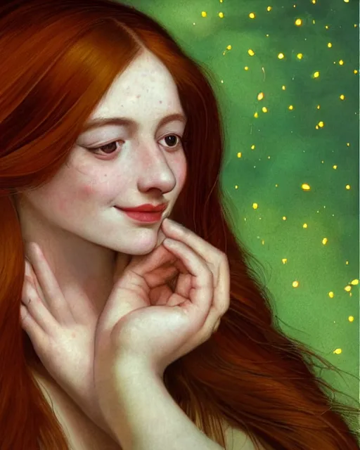 Image similar to a happy, modern looking young woman looking over shoulder, among the lights of golden fireflies and nature, long loose red hair, intricate details, green eyes, small nose with freckles, triangle shape face, smiling, golden ratio, high contrast, hyper realistic digital art by artemisia lomi gentileschi and caravaggio and artgerm.