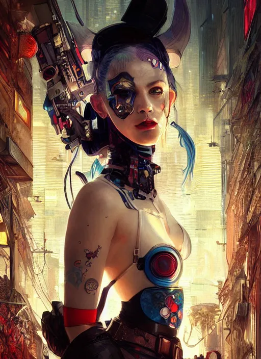 Image similar to a beautiful illustration of cyberpunk harley quinn with pointy ears, intricate, sharp focus, illustration, highly detailed, digital painting, concept art, matte, art by wlop and artgerm and greg rutkowski and alphonse mucha, masterpiece