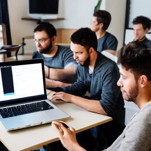 Prompt: 5 men coding on laptops around a table