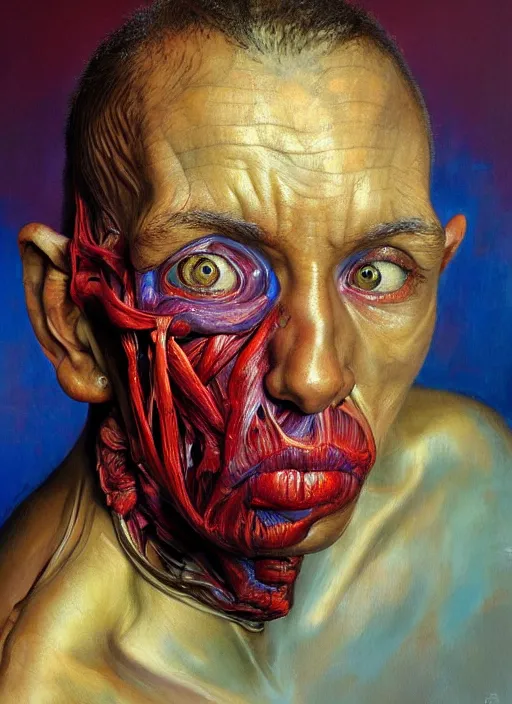 Image similar to highly detailed and textured painting of a deformed anatomical portrait, emotionally expressive, highly detailed oil painting, soft light 4 k, red, blue and purple colour palette, cinematic composition, cinematic lighting, sharp focus, masterpiece by ernie barnes and jenny saville