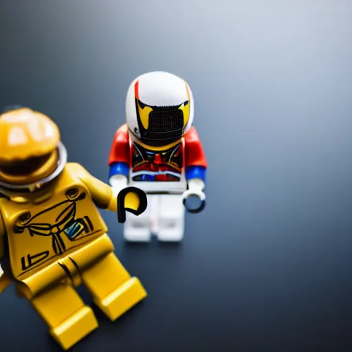 Image similar to closeup shot of lego astronaut with real black widow spider ( eos 5 ds r, iso 1 0 0, f / 8, 1 / 1 2 5, 8 4 mm, postprocessed, bokeh )