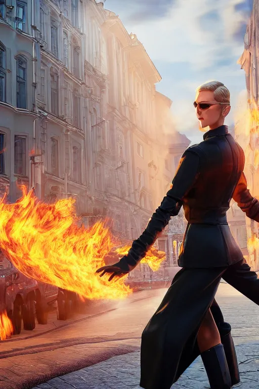 Image similar to in the foreground a street of Saint Petersburg, in the background a magnificent blond woman spitting flames with her hands wearing a long jacket like a matrix, realistic, high definition, many details, dramatic scene, detailed and realistic hands, symmetrical face, realistic eyes, art of unreal engine 5