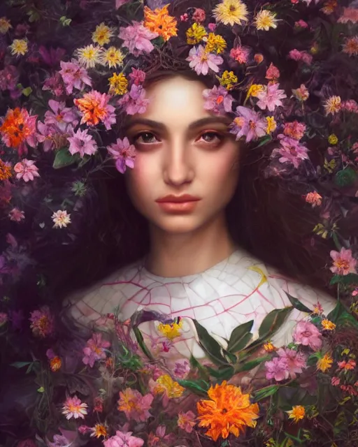 Image similar to portrait of a middle eastern girl, surrounded by flowers by karol bak, james jean, tom bagshaw, rococo, sharp focus, trending on artstation, cinematic lighting, hyper realism, octane render, 8 k, hyper detailed.