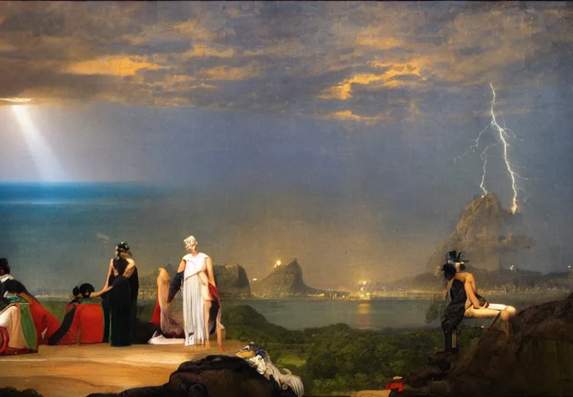 Image similar to The palace, Moon refracted sparkles on the ocean, thunderstorm, greek pool, beach and Tropical vegetation on the background major arcana sky, by paul delaroche, hyperrealistic 4k uhd, award-winning, very very very detailed