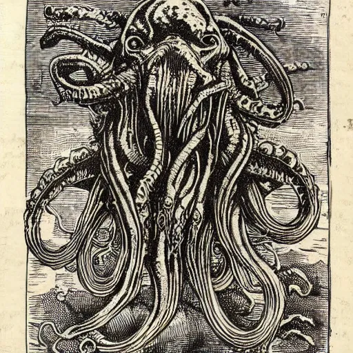 Prompt: a detailed woodcut of Cthulhu by Albrecht Durer