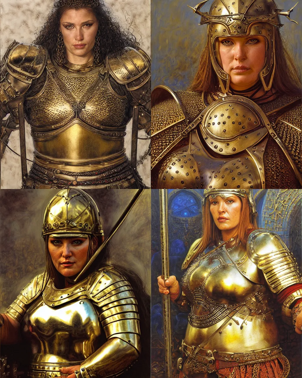 Prompt: portrait, big robust female medieval warrior wearing brass breastplate, roman style, ultrarealistic, hyperdetailed, smooth, reflections, soft lighting, sharp focus, intricate, by donato giancola, brian froud, jeff easley