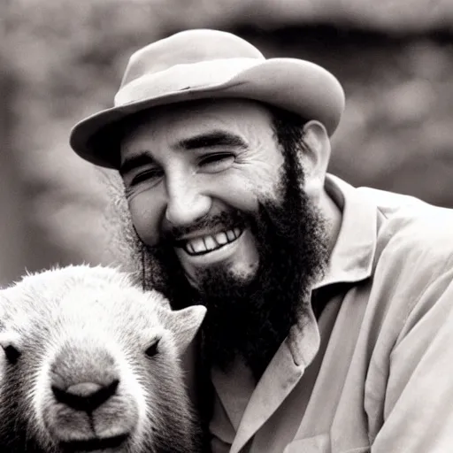 Image similar to photo of Fidel Castro smiling, holding his pet Capybara, 50mm