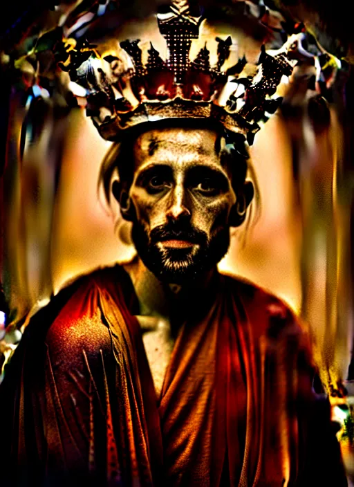 Image similar to 'Portrait of Crowned King Arthur' by Lee Jeffries royally decorated, whirling plasma, atmospheric motes, red and gold Sumptuous garb, gilt silk fabric, radiant colors, fantasy, perfect lighting, studio lit, micro details,