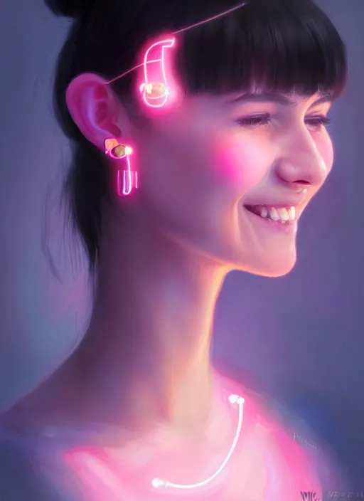 Image similar to portrait of teenage girl, narrow face, black hair, bangs, half updo hairstyle, skinny, smile, unattractive, defined jawline, big chin, wearing pink hair bow, earrings, intricate, elegant, glowing lights, highly detailed, digital painting, artstation, sharp focus, illustration, art by wlop, mars ravelo and greg rutkowski