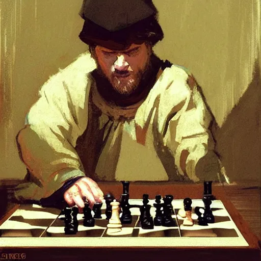 Image similar to portrait of man in medieval clothes playing chess, detailed by greg manchess, craig mullins, bernie fuchs, walter everett