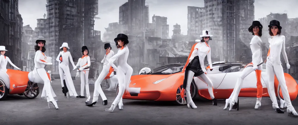 Image similar to a wide angle shot of a clockwork orange female droog gang, beautiful soft features, designed by artgerm and a red pininfarina sportscar in the background hdr, 8 k, hyperrealistic, volumetric lighting