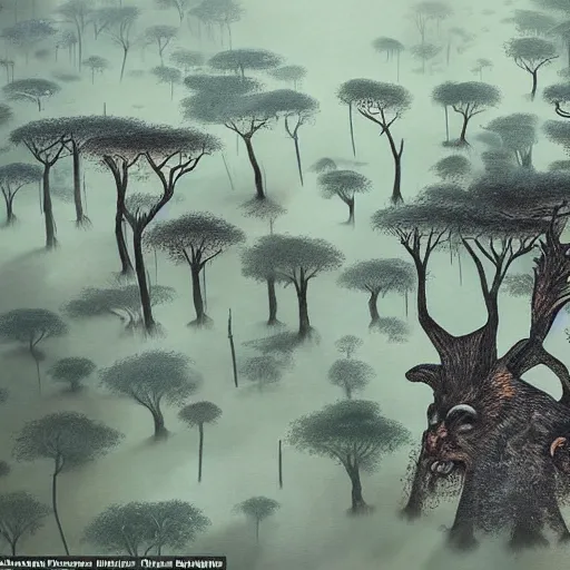 Prompt: ratface forests of binary india, a wangechi mutu finger painting, is built on that ethereal coast where the west wind flows into the sky