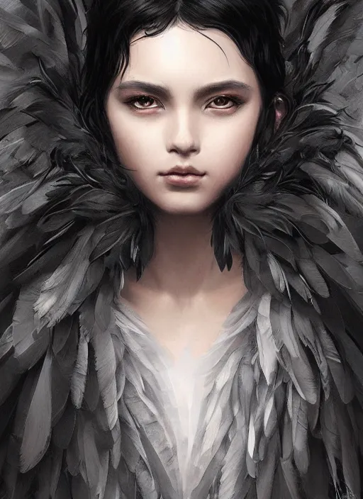 Image similar to a teenage girl with very short black hair and a huge cloak made of grey and black feathers. beautiful highly detailed face. beautiful painting by artgerm and greg rutkowski and raymond swanland