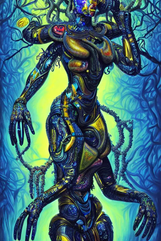 Image similar to hyperrealistic maximalist super expressive! black woman with exoskeleton armor, merging with tree in a forest, highly detailed concept art masterpiece smooth cam de leon hannah yata dramatic pearlescent blue yellow light ground angle hd 8k sharp focus