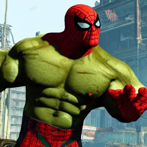 Image similar to hulk and spiderman in fallout 4