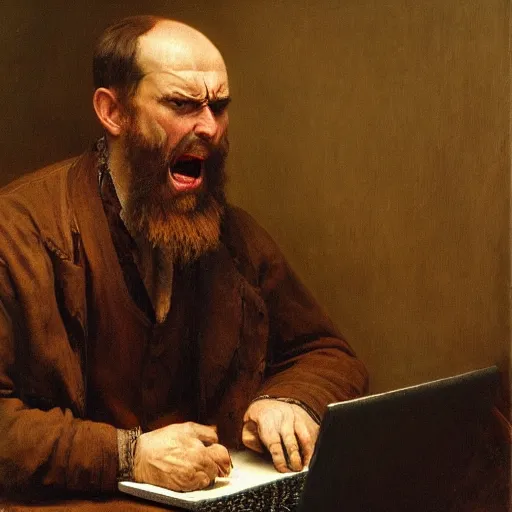 Image similar to an angry man yells at his computer monitor, oil on canvas, 1 8 8 3, highly detailed, high resolution