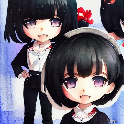 Prompt: portrait watercolor painting of nendoroid eyes kawaii chibi with black hair and hime cut in style of krenz cushart, ilya kuvshinov, pixiv key visual manga cover, POYOYONROCK