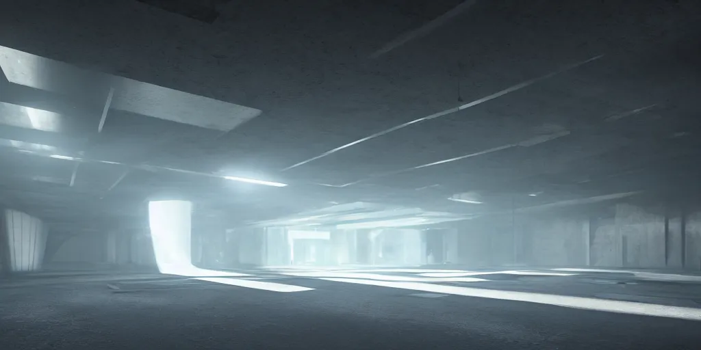 Prompt: underground tunnel, brutalist architecture, sterile, iridescent mist, futuristic hazmats, unknown location, light and shadows, light refraction, 4k, cinematic, unreal engine, concept art