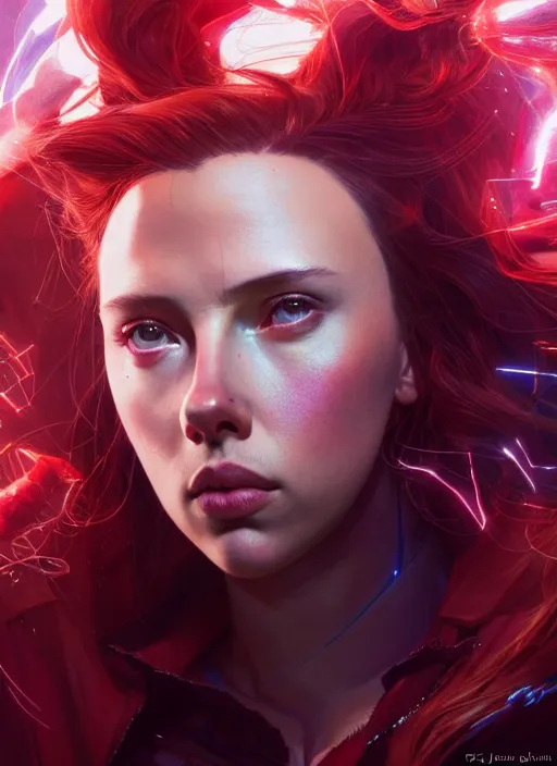 Prompt: character design by james jean, jakub rebelka, tran nguyen, yoann lossel, wadim kashin ( ( ( portrait of scarlett johansson as scarlet witch from avengers endgame ) ) ) emerging from a magic portal, sharp edges. ultra clear detailed. 8 k. ultra detailed, majestic, seductive