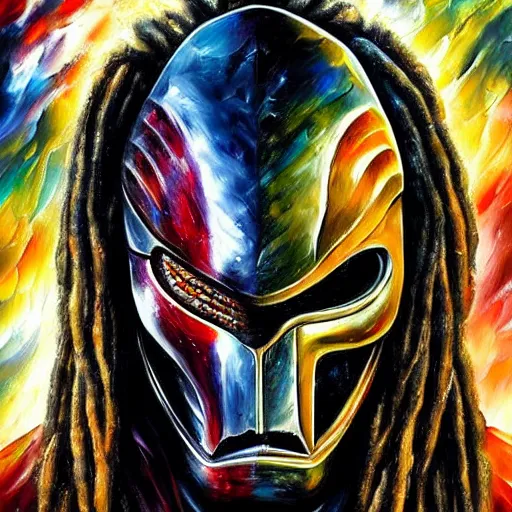 Prompt: painting of an alien with dreadlocks and high tech armor, The Predator, Yautja, by Leonid Afremov, hyperdetailed!