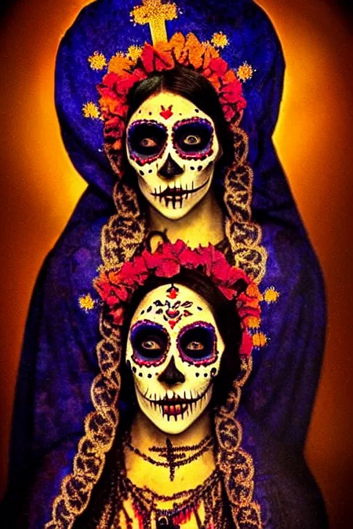 Image similar to phot taken in the 1 9 2 0's, virgin mary in dia de muertos dress and make up, horrific beautiful vibe, evocative, atmospheric lighting, painted, intricate, highly detailed,