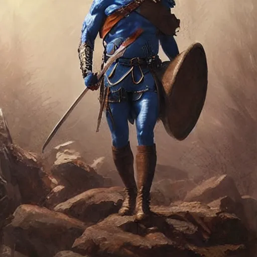 Prompt: Ranger marching toward the viewer, male, muscular, blue eyes!!!!, straight nose!!!, detailed face, exposed thighs!!!, fantasy, medieval, highly detailed, painting by greg rutkowski