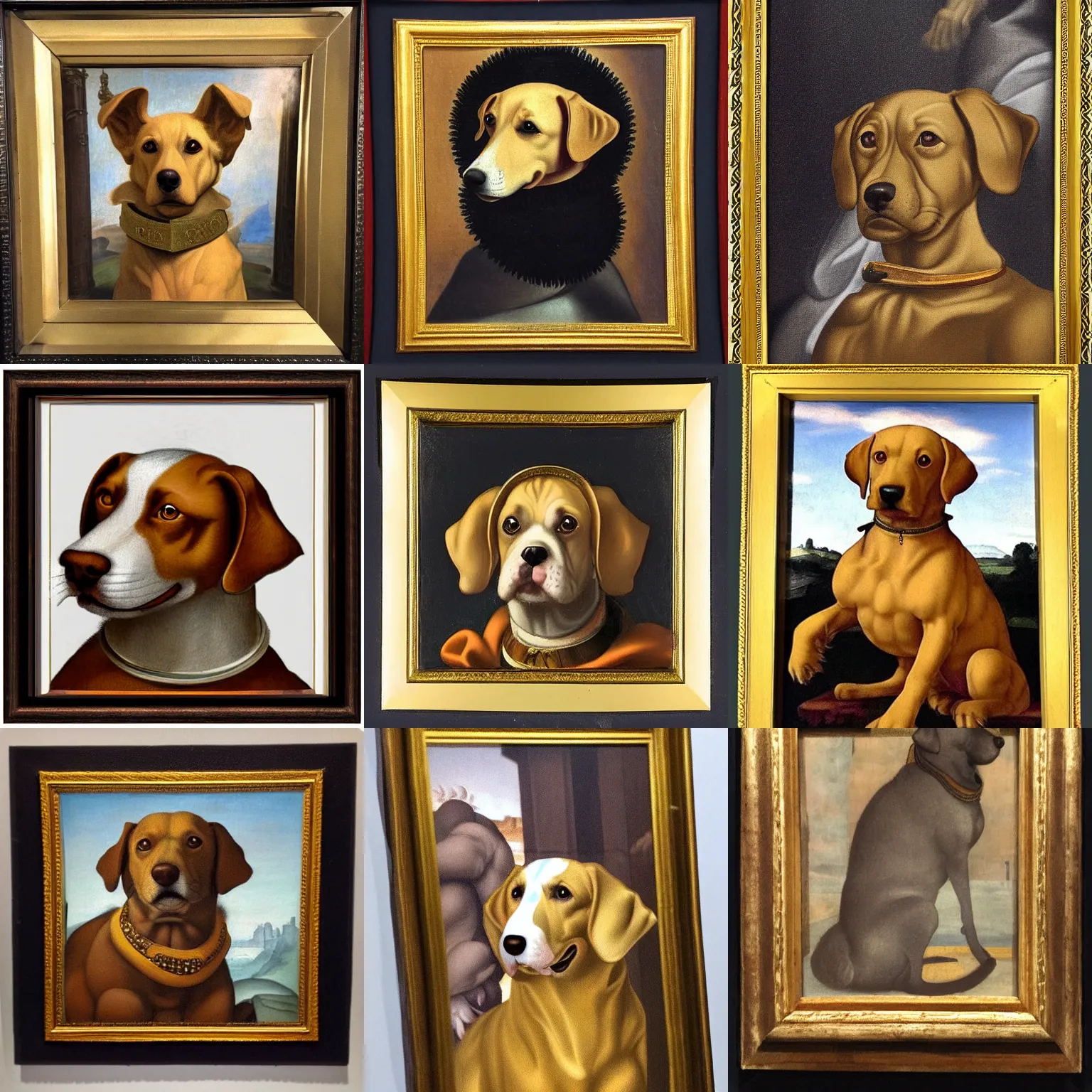 Prompt: dog portrait golden age painted by Michelangelo with ruff collars in a museum framed