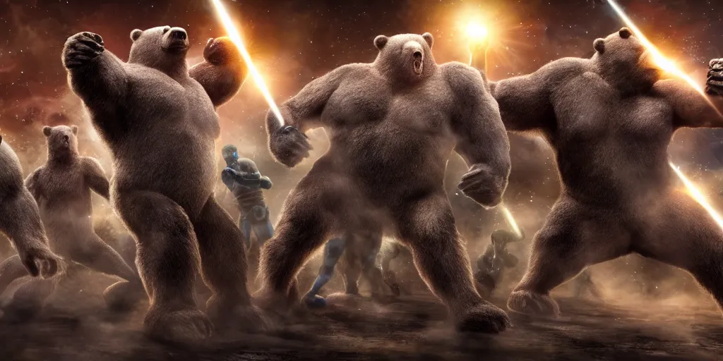 Prompt: photo of muscular bears, playing intergalactic championship versus chitauri. Highly detailed 8k. Award winning.