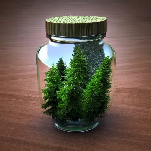 Image similar to Professional 3D render of a forest in a jar