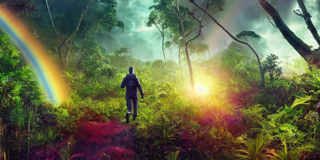 Prompt: a lone grey!!!! astronaut walking in lush and rainbow!!! coloured!!!! extra terrestrial jungle with very strange!!!!!! plants under a bright multi sun sky, hyper detailed, digital art, trending in artstation, cinematic lighting, studio quality, smooth render, unreal engine, masterpiece, 8k