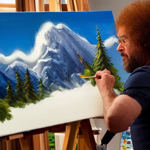 Prompt: a closeup photorealistic photograph of bob ross working on a canvas painting of the flash. film still. brightly lit scene. mountains and trees. this 4 k hd image is trending on artstation, featured on behance, well - rendered, extra crisp, features intricate detail, epic composition and the style of unreal engine.