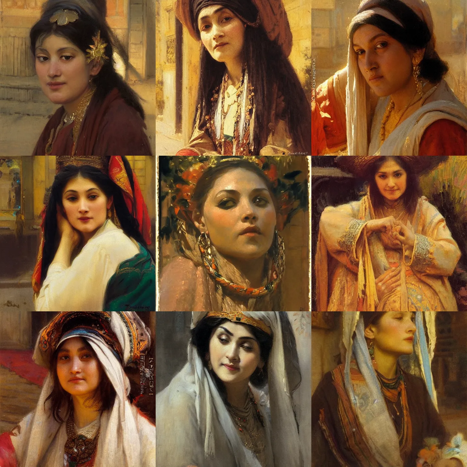 Prompt: orientalism face detail of a wholesome priestess on a city street by theodore ralli and nasreddine dinet and anders zorn and nikolay makovsky and edwin longsden long, oil on canvas, masterful intricate artwork, excellent lighting, high detail 8 k