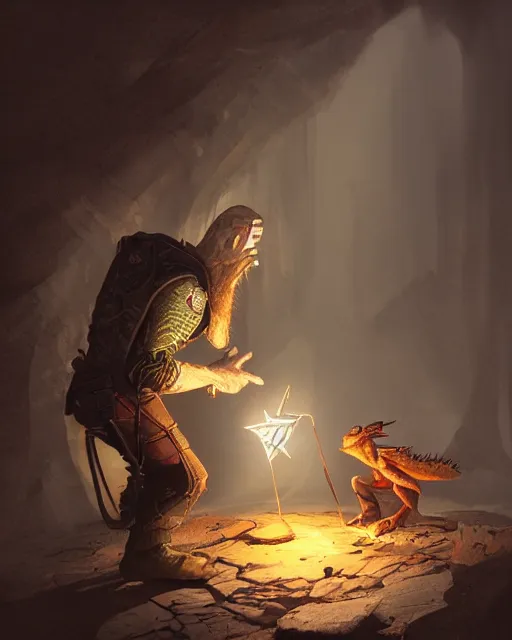 Prompt: An Artificer saving a lizard person, Dungeons and Dragons, Multi Toned, Sharp Focus, concept art, Wizards of the Coast, Volumetric Lighting, Cinematic