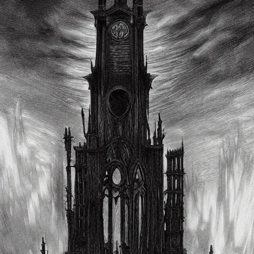 Prompt: an ultra detailed black and white tarot card of a lonely and impossibly tall ominous gothic dark citadel tower of the evil patriarch, in the style of magic the gathering, in a river elevated high above the city, gaslight fantasy capital city, ultrawide lense, aerial photography, scary thunderstorm, exquisite detail, 8 k, art by greg rutkowski and alphonse mucha