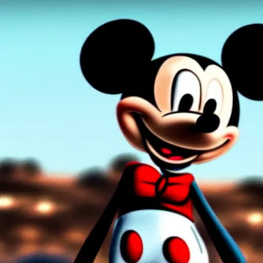 Image similar to Mickey Mouse as a human, photorealistic, film still, desolate