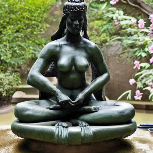 Prompt: marble statue of naomi campbell meditating in a rococo japanese garden