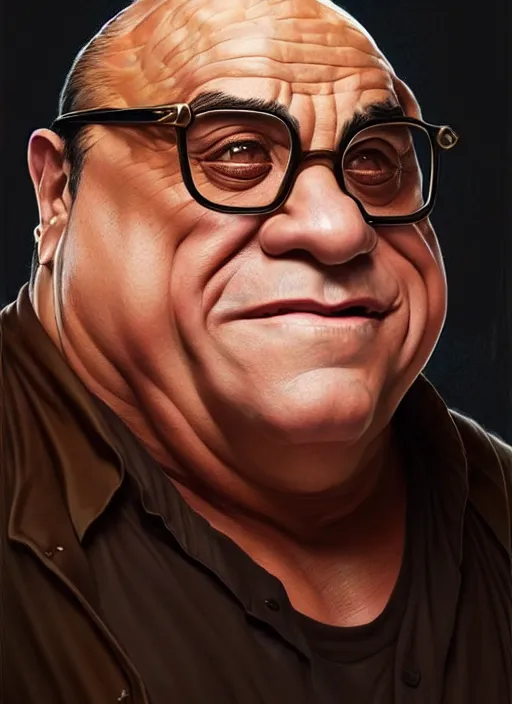 Image similar to portrait of danny devito with synthol muscles, d & d, muscular! fantasy, intricate, elegant, highly detailed, digital painting, artstation, concept art, smooth, sharp focus, illustration, art by artgerm and greg rutkowski and alphonse mucha