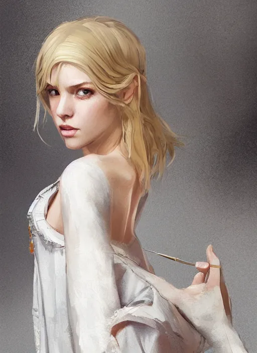 Image similar to a professional painting of an russian young blonde girl intricate, wearing russian ancient folk dress, elegant, digital painting, concept art, smooth, sharp focus, finely detailed illustration, beautifully framed, from Metal Gear, in the style of Artgerm and Greg Rutkowski and William-Adolphe Bouguerea