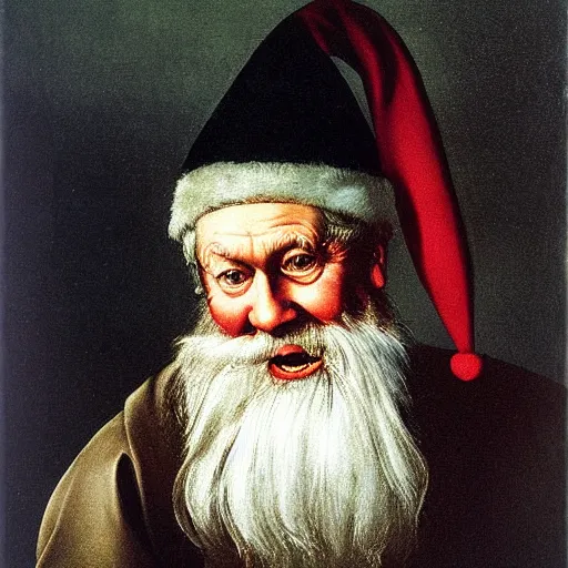 Prompt: Father Christmas looking grumpy. Painted by Caravaggio