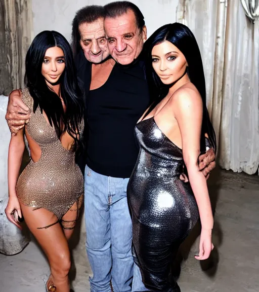 Prompt: Joe pesci hugging kim kardashian & kylie Jenner in a derelict  mafia mansion
