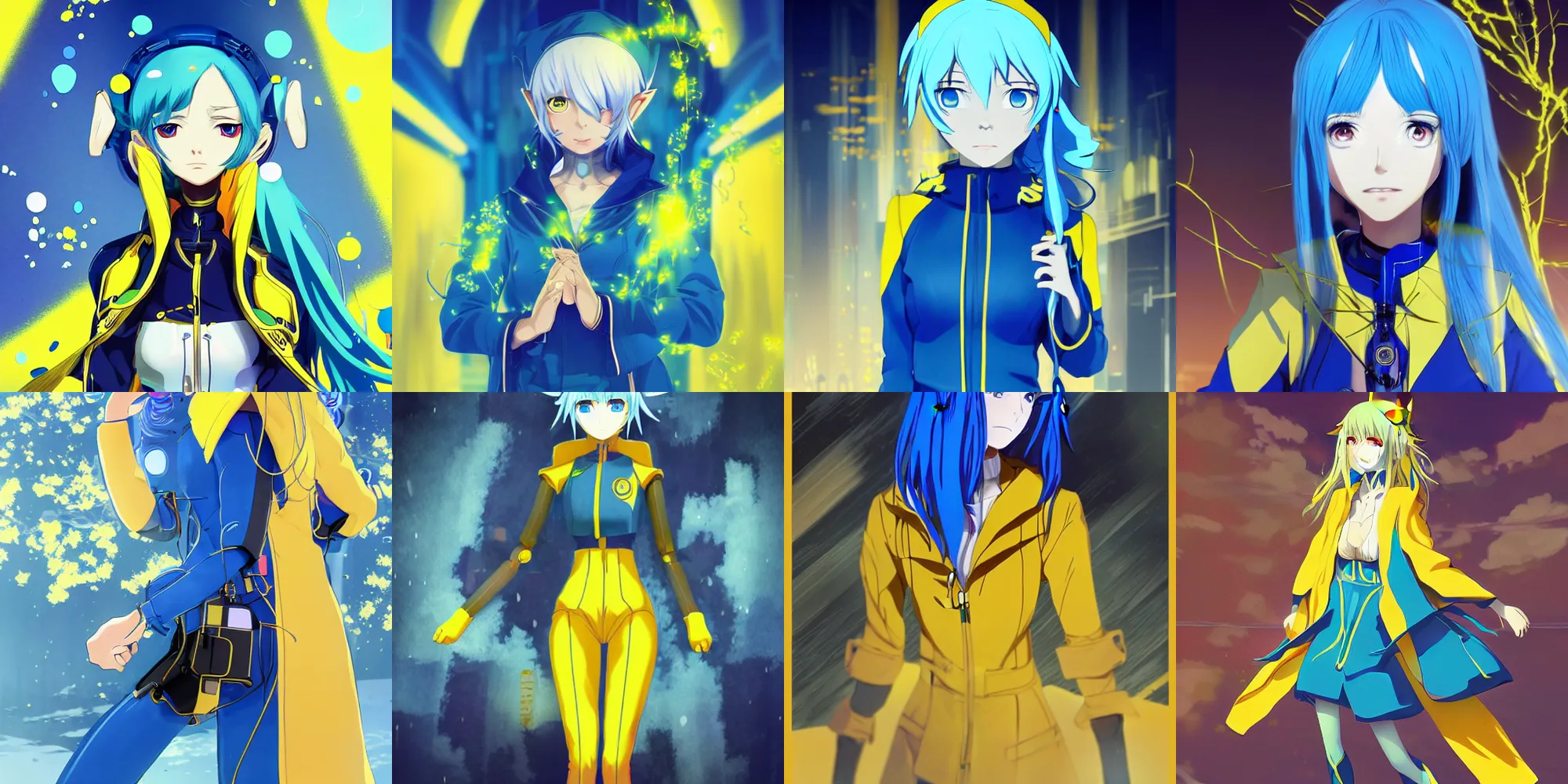 Prompt: anime key visual of a blue haired elf woman with a robotic body wearing a yellow raincoat in the style of ilya kuvshinov