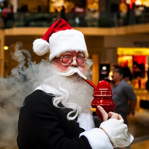 Prompt: a mall santa exhaling a large smoke cloud from his bong, award winning professional candid photography