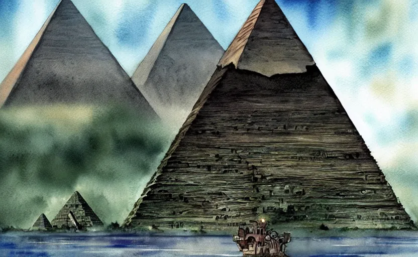 Image similar to a realistic and atmospheric cell - shaded watercolor concept art from howl's moving castle ( 2 0 0 4 ) of a sci - fi city and an egyptian pyramid complex in a flooded rainforest. very dull muted colors, hd, 4 k, hq