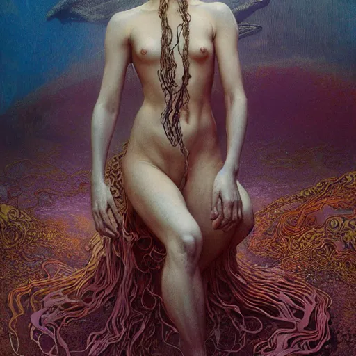 Image similar to queen of neptune by zdzisław beksinski, iris van herpen, raymond swanland, craig mullins, zaha hadid and alphonse mucha. highly detailed, hyper - real, beautiful