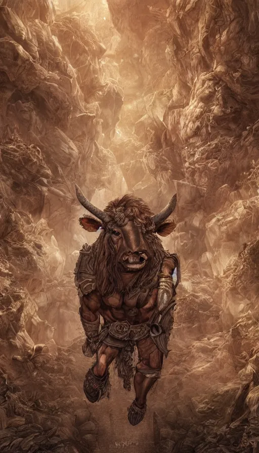 Image similar to A picture of an Minotaur in a Maze, by Ayami Kojima, studio ghibli, cinematic lighting, intricate, highly detailed, digital painting, trending on artstation, Illustration, epic scale