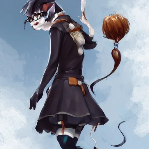 Prompt: a beautiful cute german guy with very long chestnut! hair, with glasses and short stubble! goatee, fake cat ears, cosplay of a catboy! maid! dress, digital painting, concept art, matte, artgerma and greg rutkowski